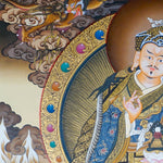 Guru Rinpoche Thangka Painting  seated on a lotus throne with vajra, skull cup, khatvanga staff, radiant halo, two supporting female figures, offering bowl, dragons, clouds and Himalayan landscape details.