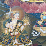 Guru Rinpoche Thangka Painting  seated on a lotus throne with vajra, skull cup, khatvanga staff, radiant halo, two supporting female figures, offering bowl, dragons, clouds and Himalayan landscape details.