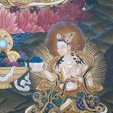 Guru Rinpoche Thangka Painting  seated on a lotus throne with vajra, skull cup, khatvanga staff, radiant halo, two supporting female figures, offering bowl, dragons, clouds and Himalayan landscape details.