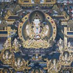 Chenrezig Thangka Painting showing Avalokiteshvara seated on a lotus throne with four arms, prayer hands, radiant halo, surrounding deities, temple architecture, clouds, flowers and offering details