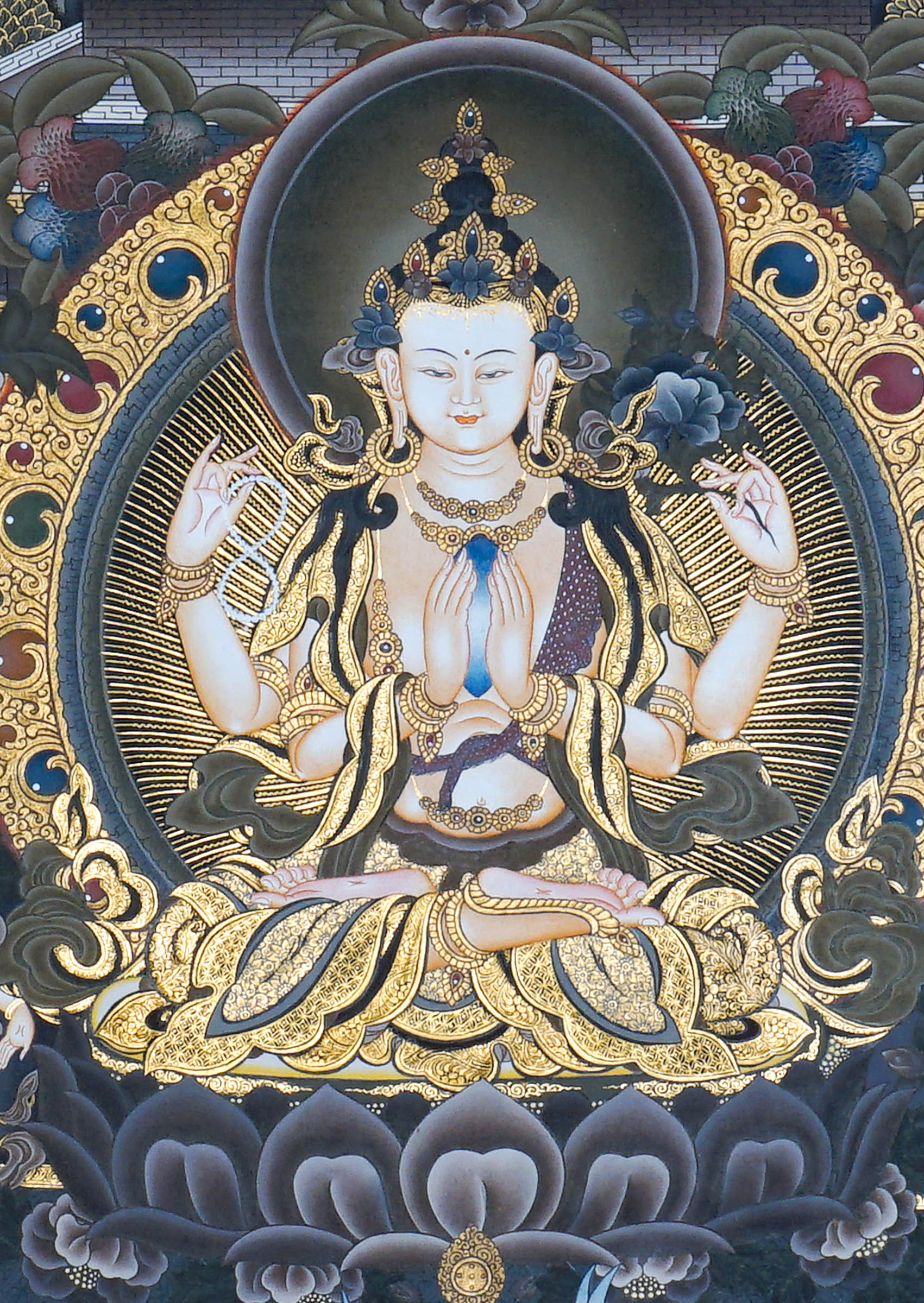 Chenrezig Thangka Painting showing Avalokiteshvara seated on a lotus throne with four arms, prayer hands, radiant halo, surrounding deities, temple architecture, clouds, flowers and offering details