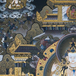 Chenrezig Thangka Painting showing Avalokiteshvara seated on a lotus throne with four arms, prayer hands, radiant halo, surrounding deities, temple architecture, clouds, flowers and offering details