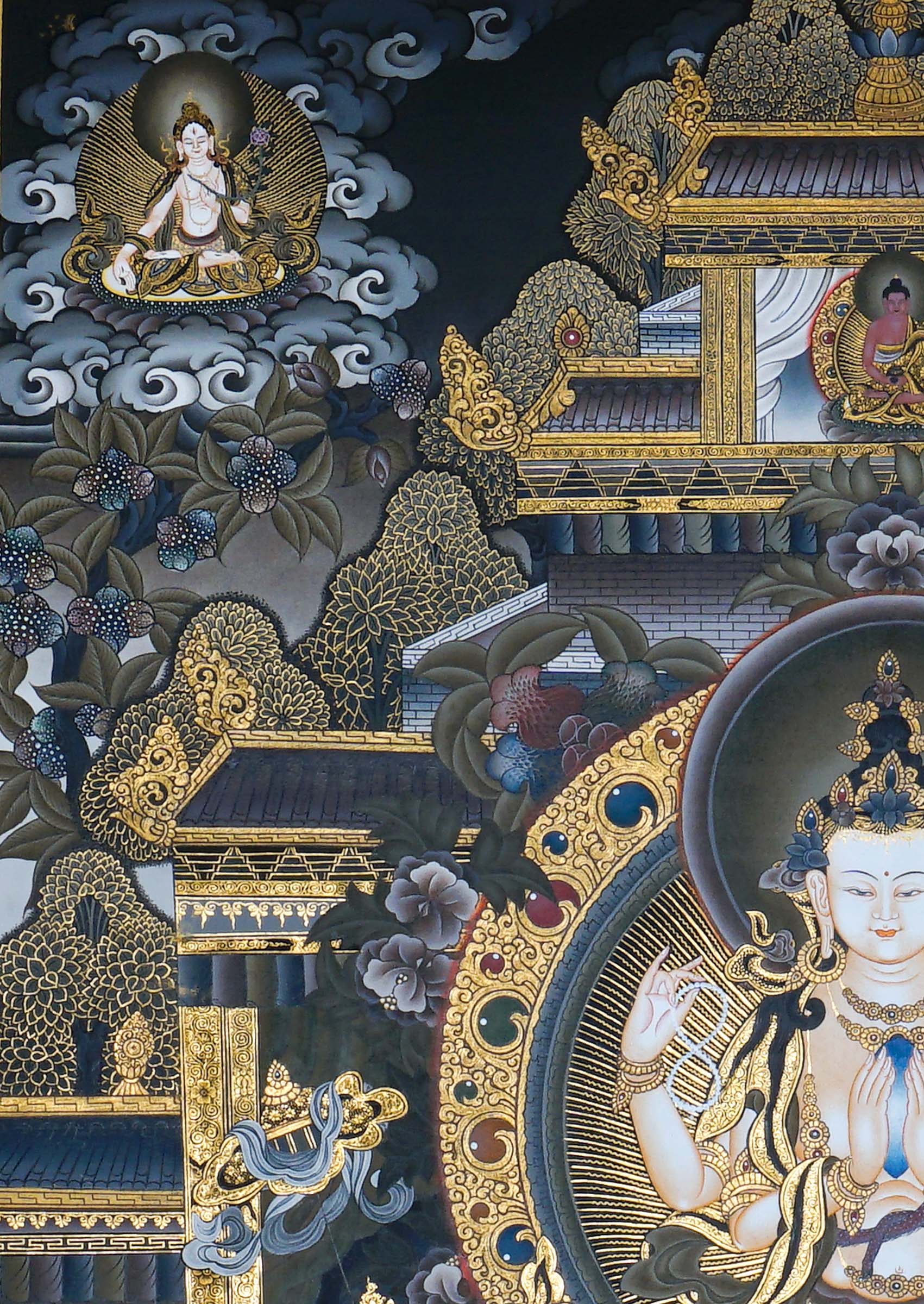 Chenrezig Thangka Painting showing Avalokiteshvara seated on a lotus throne with four arms, prayer hands, radiant halo, surrounding deities, temple architecture, clouds, flowers and offering details