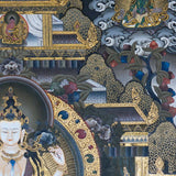 Chenrezig Thangka Painting showing Avalokiteshvara seated on a lotus throne with four arms, prayer hands, radiant halo, surrounding deities, temple architecture, clouds, flowers and offering details