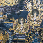 Chenrezig Thangka Painting showing Avalokiteshvara seated on a lotus throne with four arms, prayer hands, radiant halo, surrounding deities, temple architecture, clouds, flowers and offering details