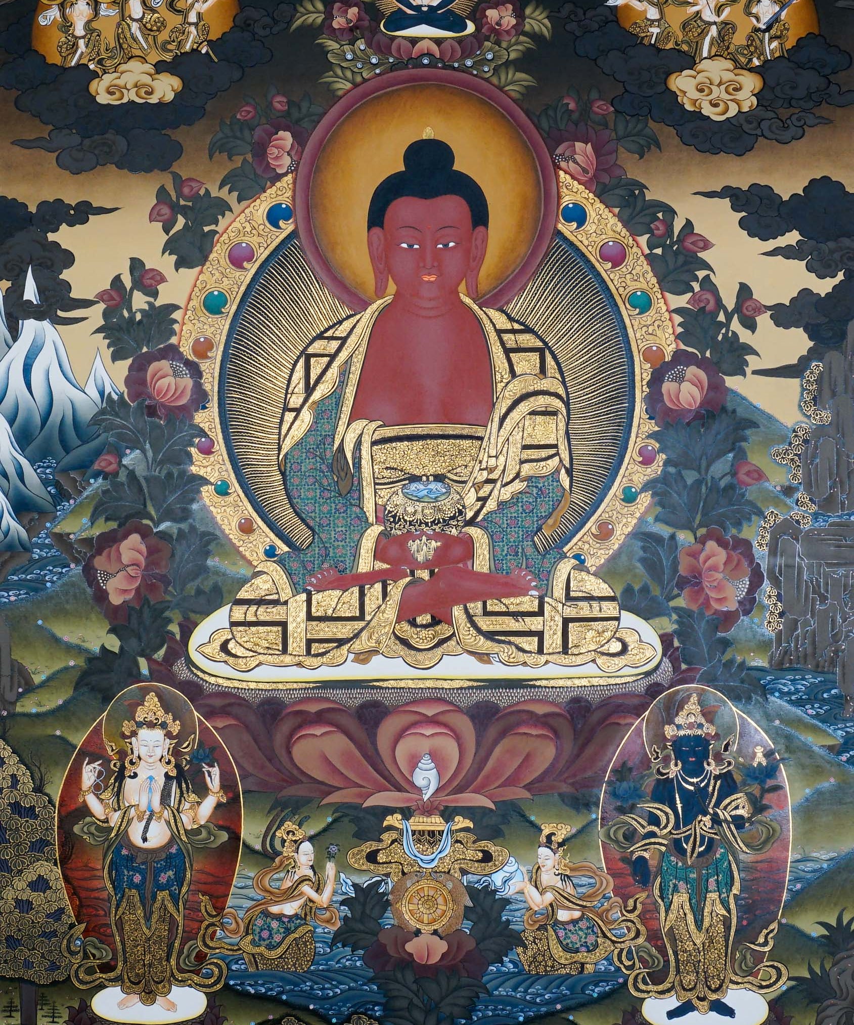 Framed Amitabha Thangka Painting showing Amitabha Buddha seated on a lotus throne in meditation posture with alms bowl, radiant halo, surrounding deity figures, offering symbols, clouds, flowers, water and Himalayan landscape details.