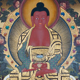 Framed Amitabha Thangka Painting showing Amitabha Buddha seated on a lotus throne in meditation posture with alms bowl, radiant halo, surrounding deity figures, offering symbols, clouds, flowers, water and Himalayan landscape details.