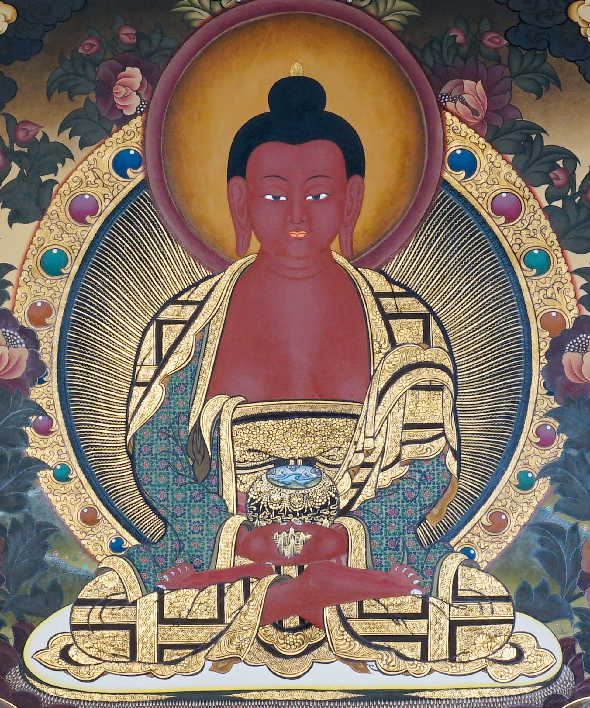 Framed Amitabha Thangka Painting showing Amitabha Buddha seated on a lotus throne in meditation posture with alms bowl, radiant halo, surrounding deity figures, offering symbols, clouds, flowers, water and Himalayan landscape details.