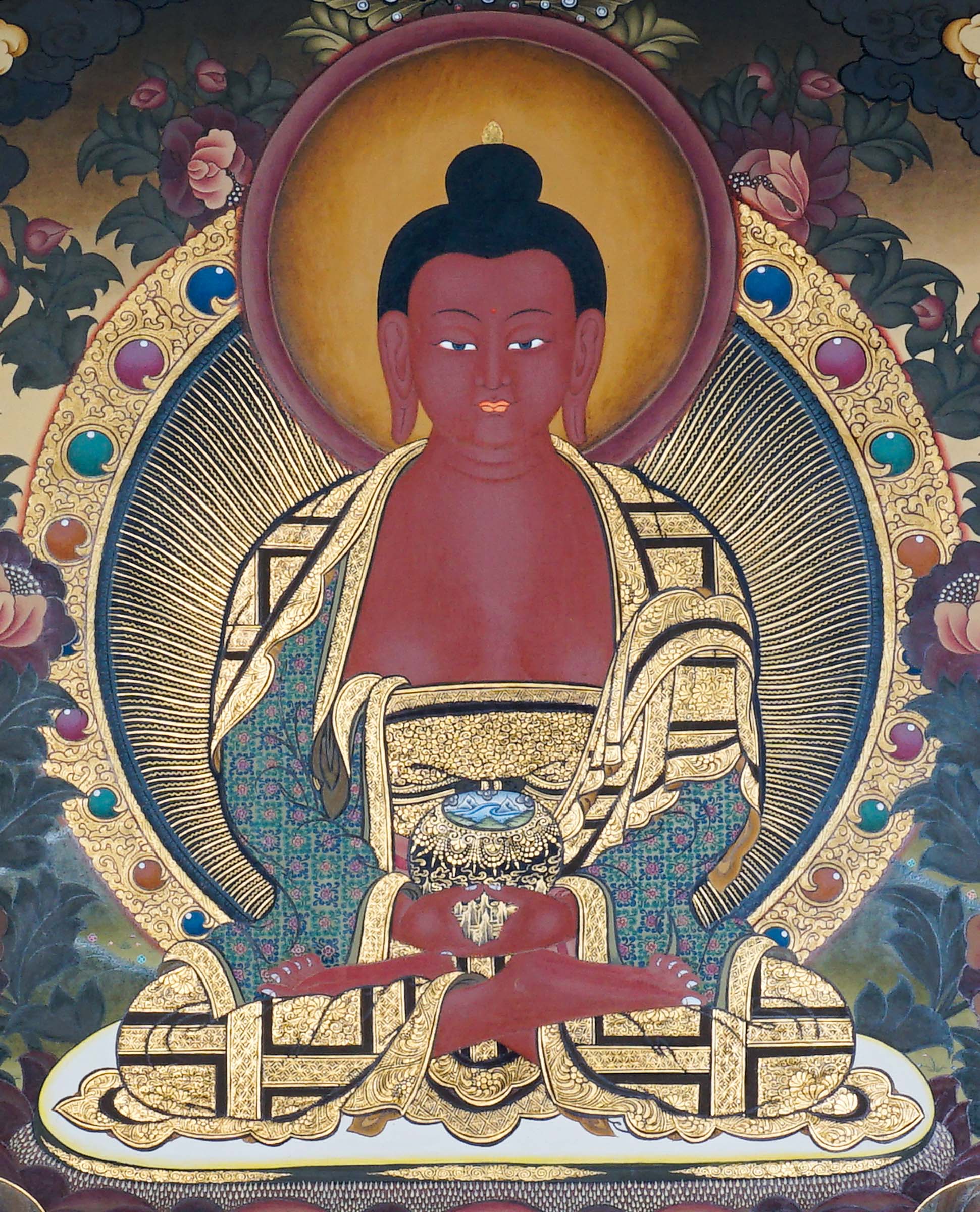 Framed Amitabha Thangka Painting showing Amitabha Buddha seated on a lotus throne in meditation posture with alms bowl, radiant halo, surrounding deity figures, offering symbols, clouds, flowers, water and Himalayan landscape details.