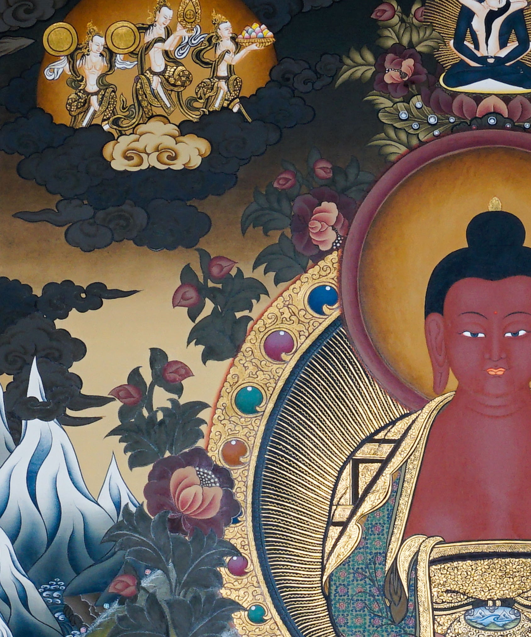 Framed Amitabha Thangka Painting showing Amitabha Buddha seated on a lotus throne in meditation posture with alms bowl, radiant halo, surrounding deity figures, offering symbols, clouds, flowers, water and Himalayan landscape details.