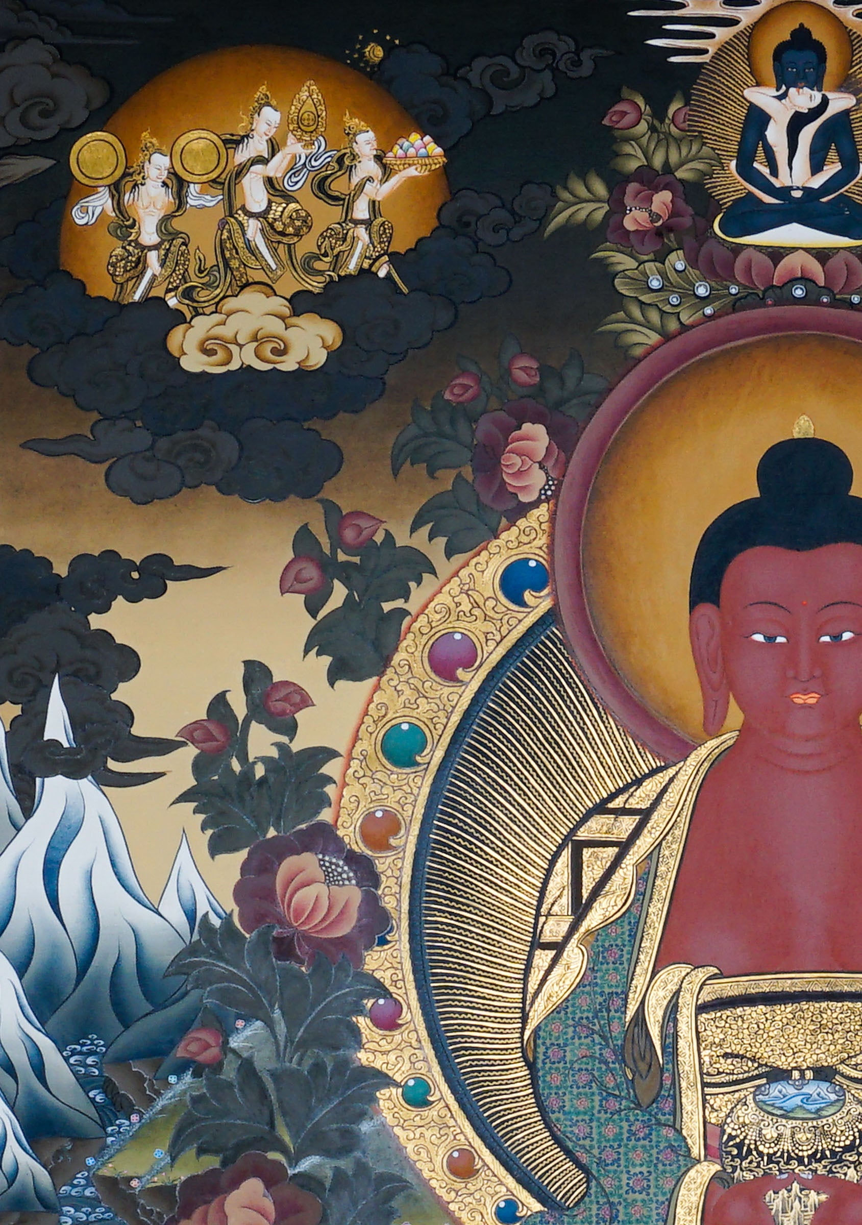 Framed Amitabha Thangka Painting showing Amitabha Buddha seated on a lotus throne in meditation posture with alms bowl, radiant halo, surrounding deity figures, offering symbols, clouds, flowers, water and Himalayan landscape details.