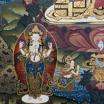 Framed Amitabha Thangka Painting showing Amitabha Buddha seated on a lotus throne in meditation posture with alms bowl, radiant halo, surrounding deity figures, offering symbols, clouds, flowers, water and Himalayan landscape details.