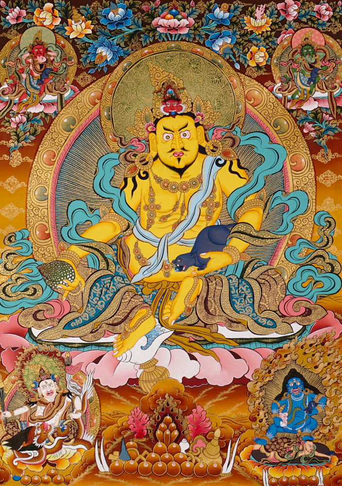 Five Zambhala thangka with central Yellow Zambhala and vibrant Buddhist symbolism