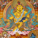 Five Zambhala thangka with central Yellow Zambhala and vibrant Buddhist symbolism