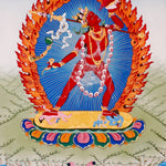 Vajrayogini Thangka painting with flame halo, lotus base, skull garland, and Tibetan Buddhist tantric symbolism.