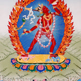 Vajrayogini Thangka painting with flame halo, lotus base, skull garland, and Tibetan Buddhist tantric symbolism.