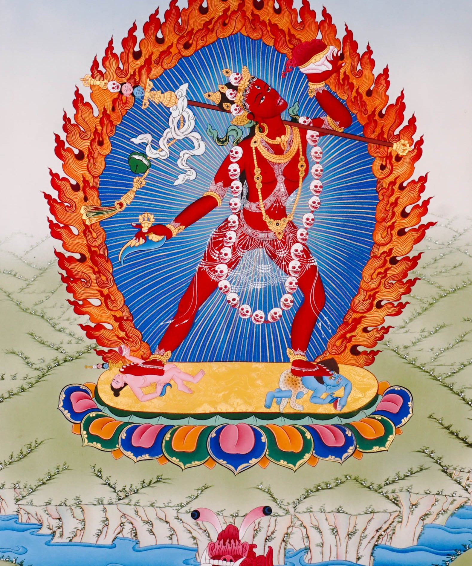 Vajrayogini Thangka painting with flame halo, lotus base, skull garland, and Tibetan Buddhist tantric symbolism.