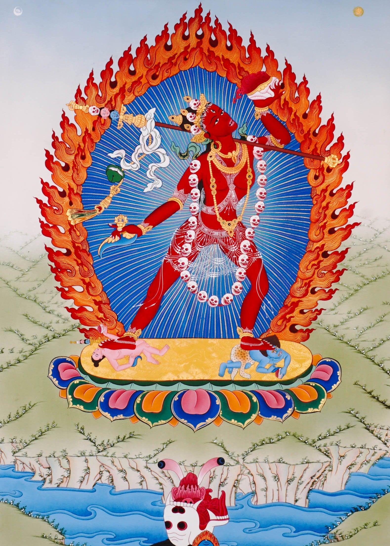Vajrayogini Thangka painting with flame halo, lotus base, skull garland, and Tibetan Buddhist tantric symbolism.