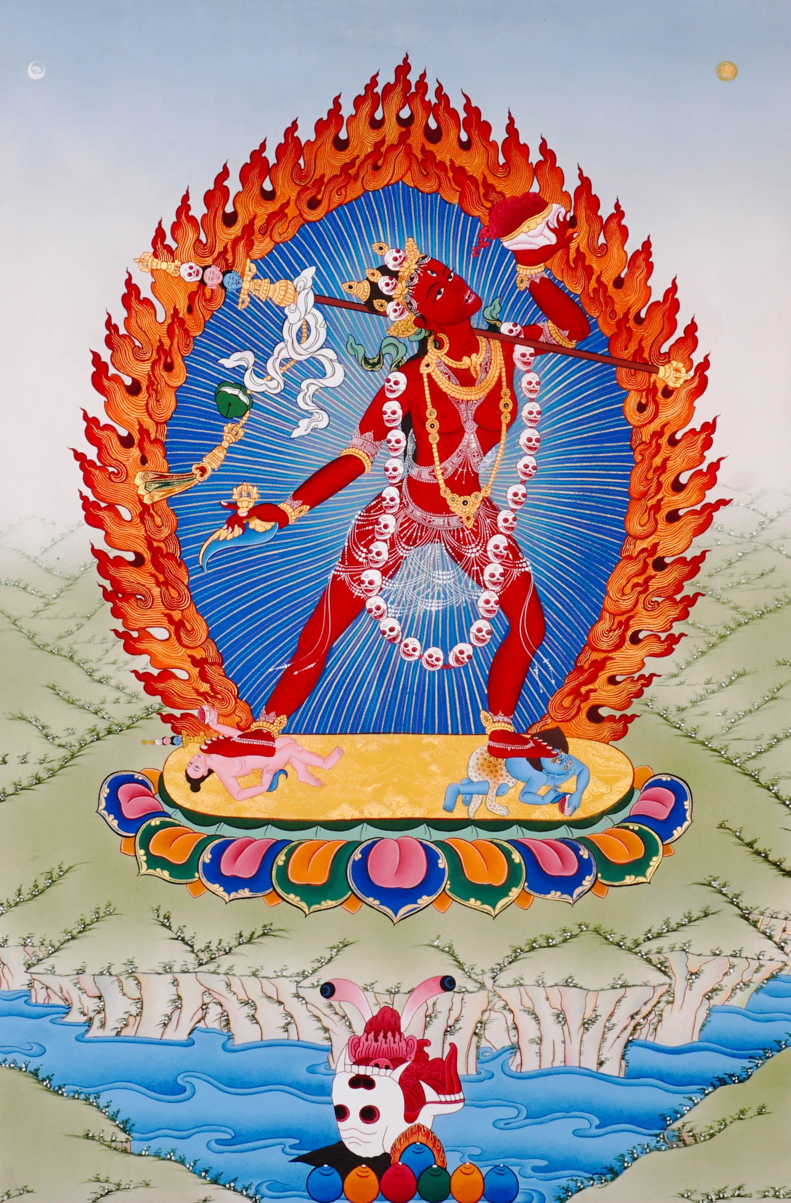 Vajrayogini Thangka painting with flame halo, lotus base, skull garland, and Tibetan Buddhist tantric symbolism.