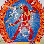 Vajrayogini Thangka painting with flame halo, lotus base, skull garland, and Tibetan Buddhist tantric symbolism.