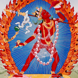 Vajrayogini Thangka painting with flame halo, lotus base, skull garland, and Tibetan Buddhist tantric symbolism.
