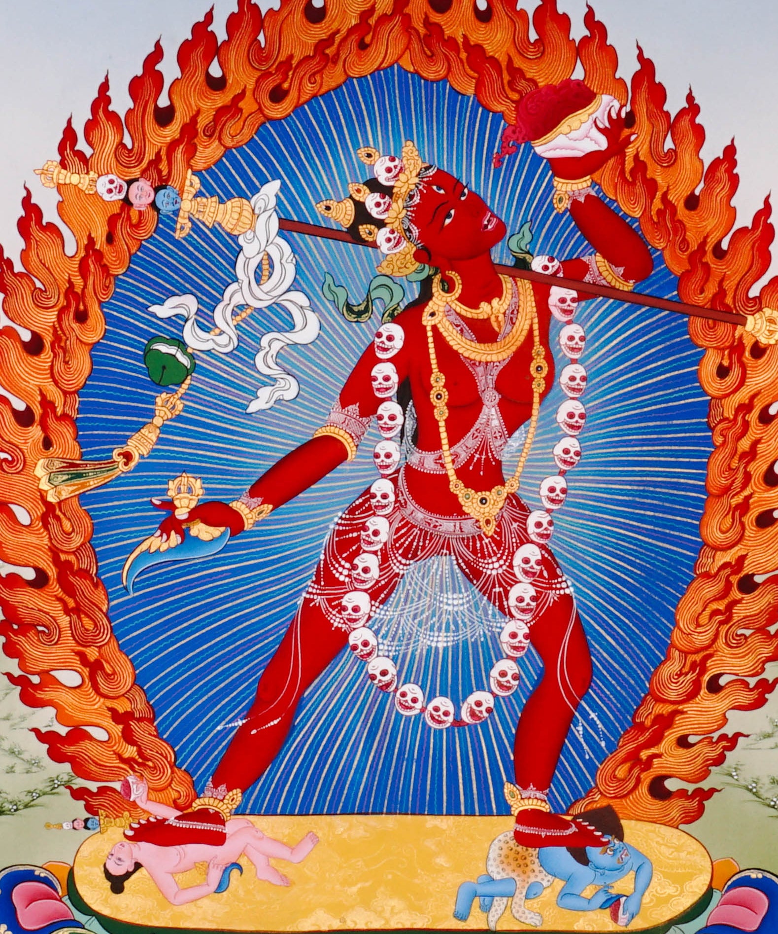 Vajrayogini Thangka painting with flame halo, lotus base, skull garland, and Tibetan Buddhist tantric symbolism.