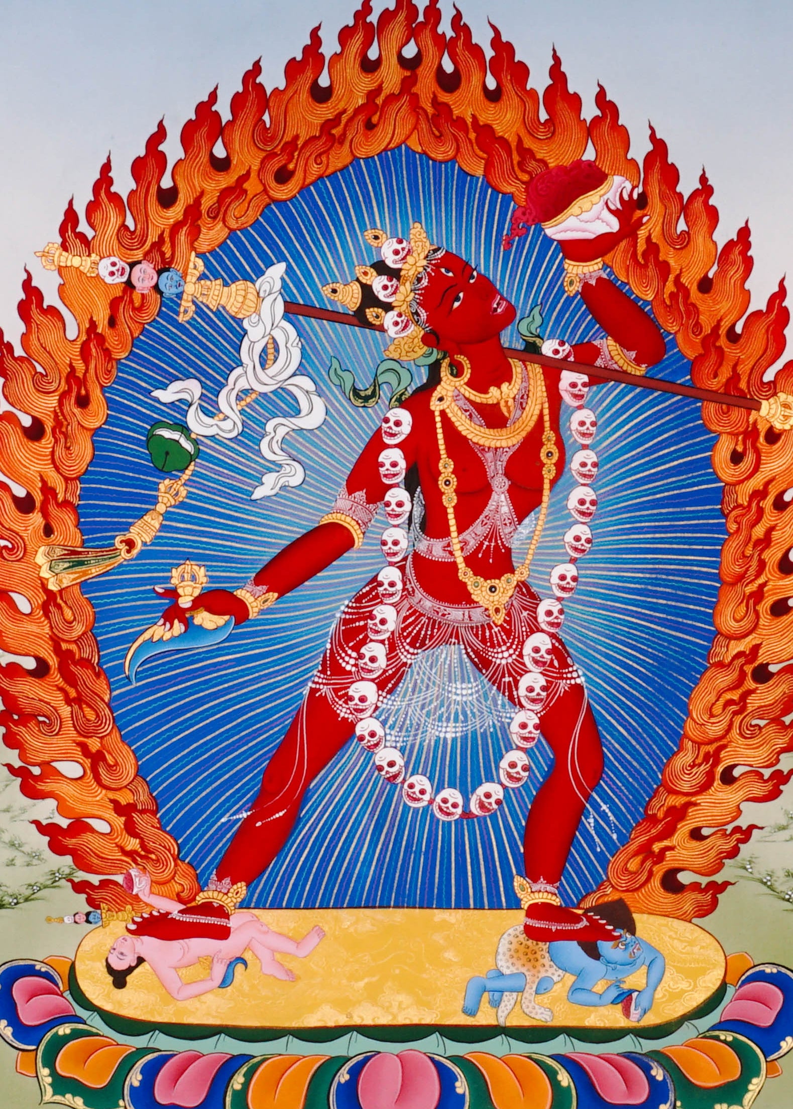 Vajrayogini Thangka painting with flame halo, lotus base, skull garland, and Tibetan Buddhist tantric symbolism.