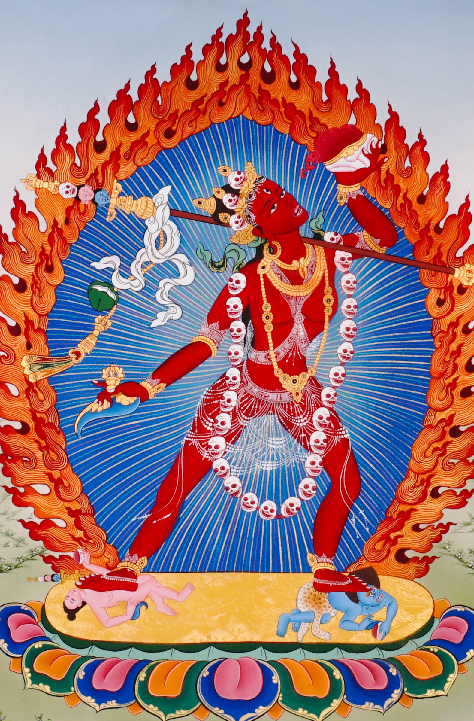 Vajrayogini Thangka painting with flame halo, lotus base, skull garland, and Tibetan Buddhist tantric symbolism.