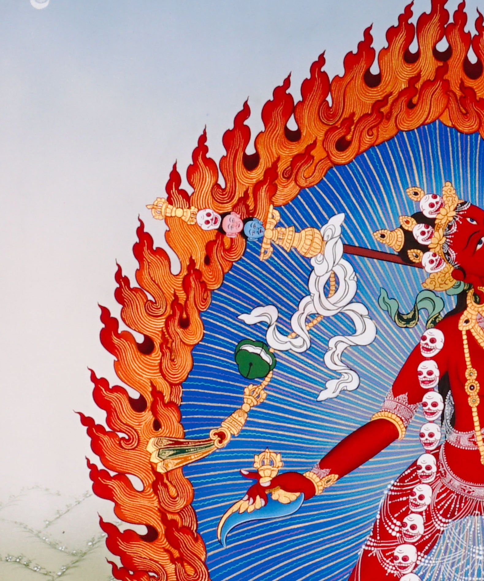 Vajrayogini Thangka painting with flame halo, lotus base, skull garland, and Tibetan Buddhist tantric symbolism.