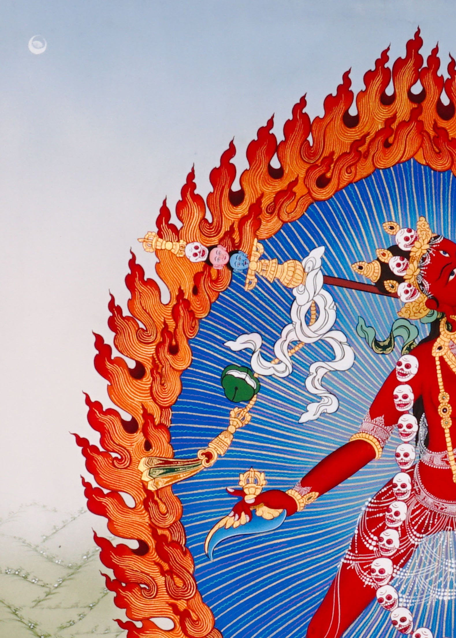 Vajrayogini Thangka painting with flame halo, lotus base, skull garland, and Tibetan Buddhist tantric symbolism.