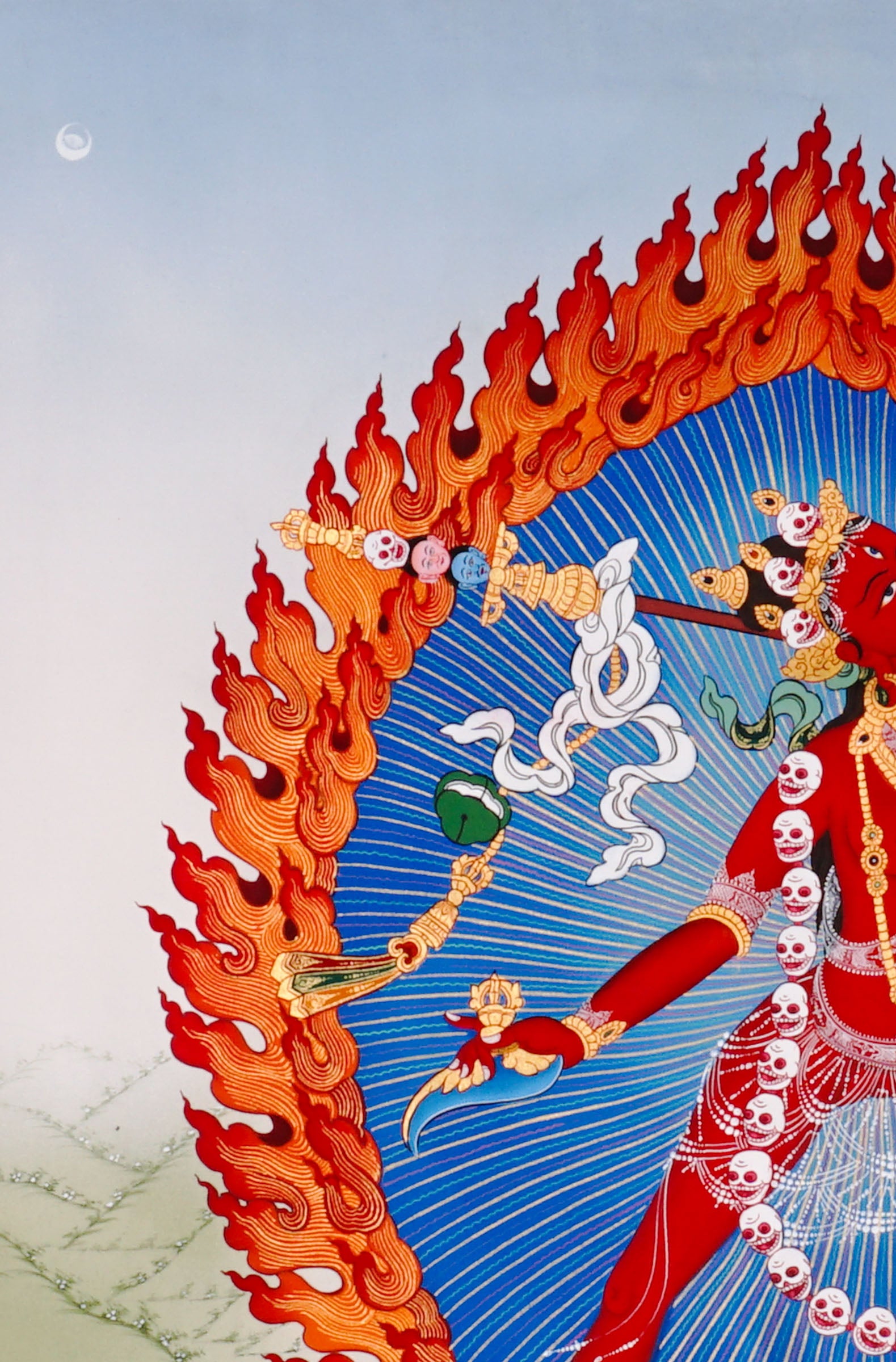 Vajrayogini Thangka painting with flame halo, lotus base, skull garland, and Tibetan Buddhist tantric symbolism.