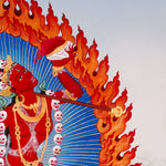 Vajrayogini Thangka painting with flame halo, lotus base, skull garland, and Tibetan Buddhist tantric symbolism.