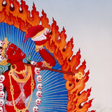 Vajrayogini Thangka painting with flame halo, lotus base, skull garland, and Tibetan Buddhist tantric symbolism.