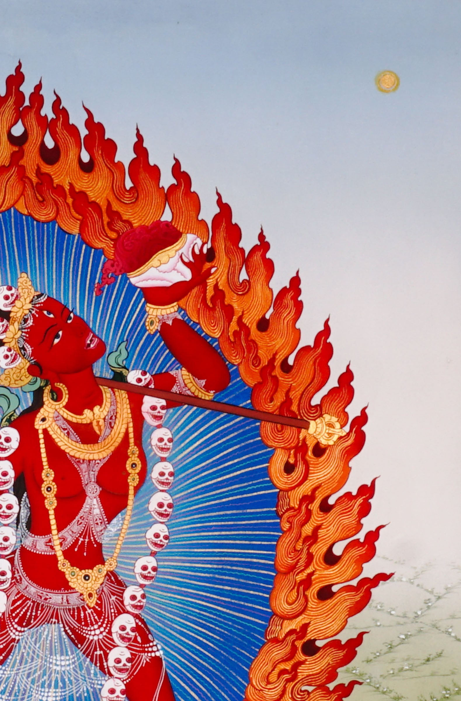 Vajrayogini Thangka painting with flame halo, lotus base, skull garland, and Tibetan Buddhist tantric symbolism.