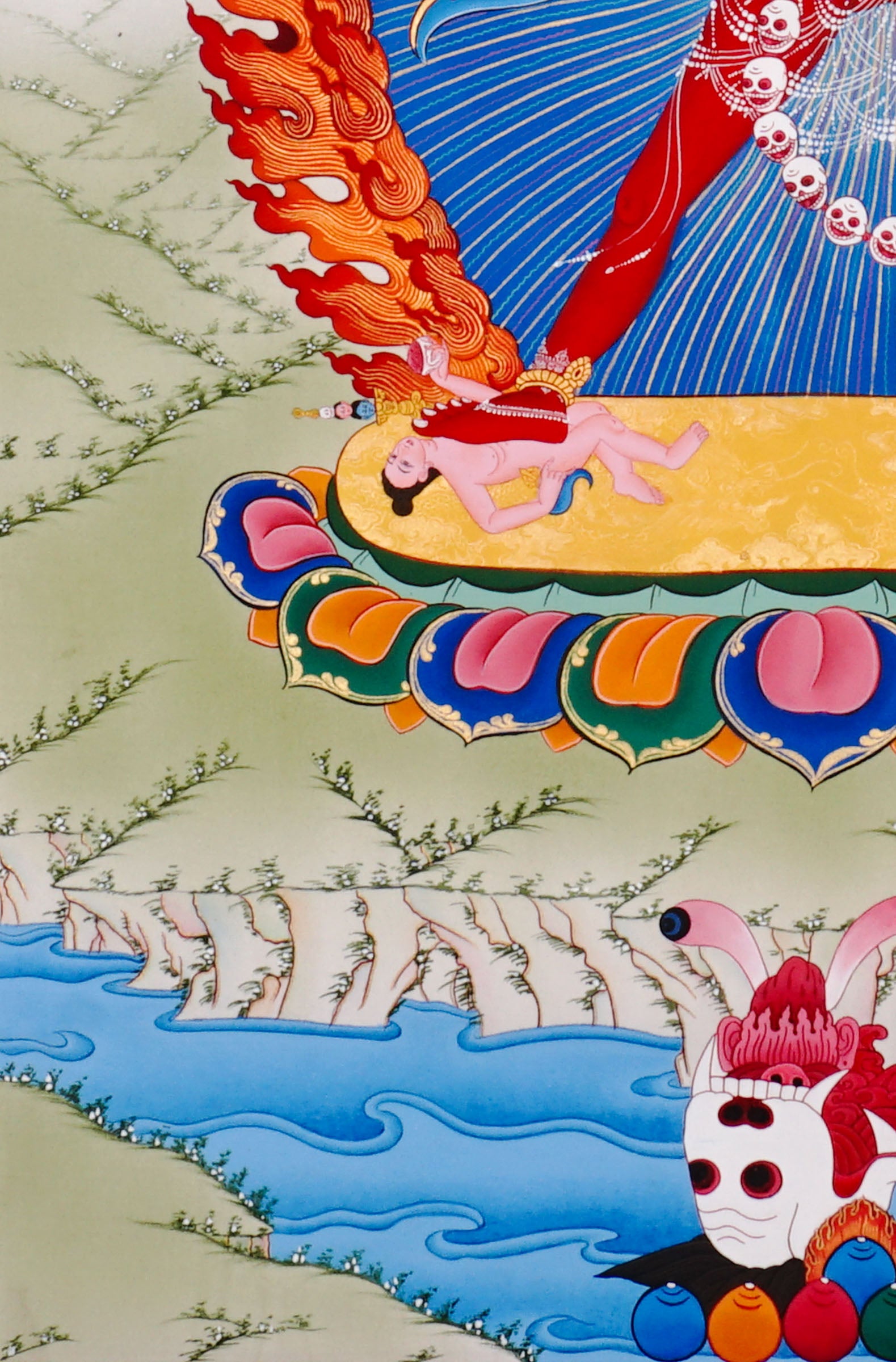 Vajrayogini Thangka painting with flame halo, lotus base, skull garland, and Tibetan Buddhist tantric symbolism.