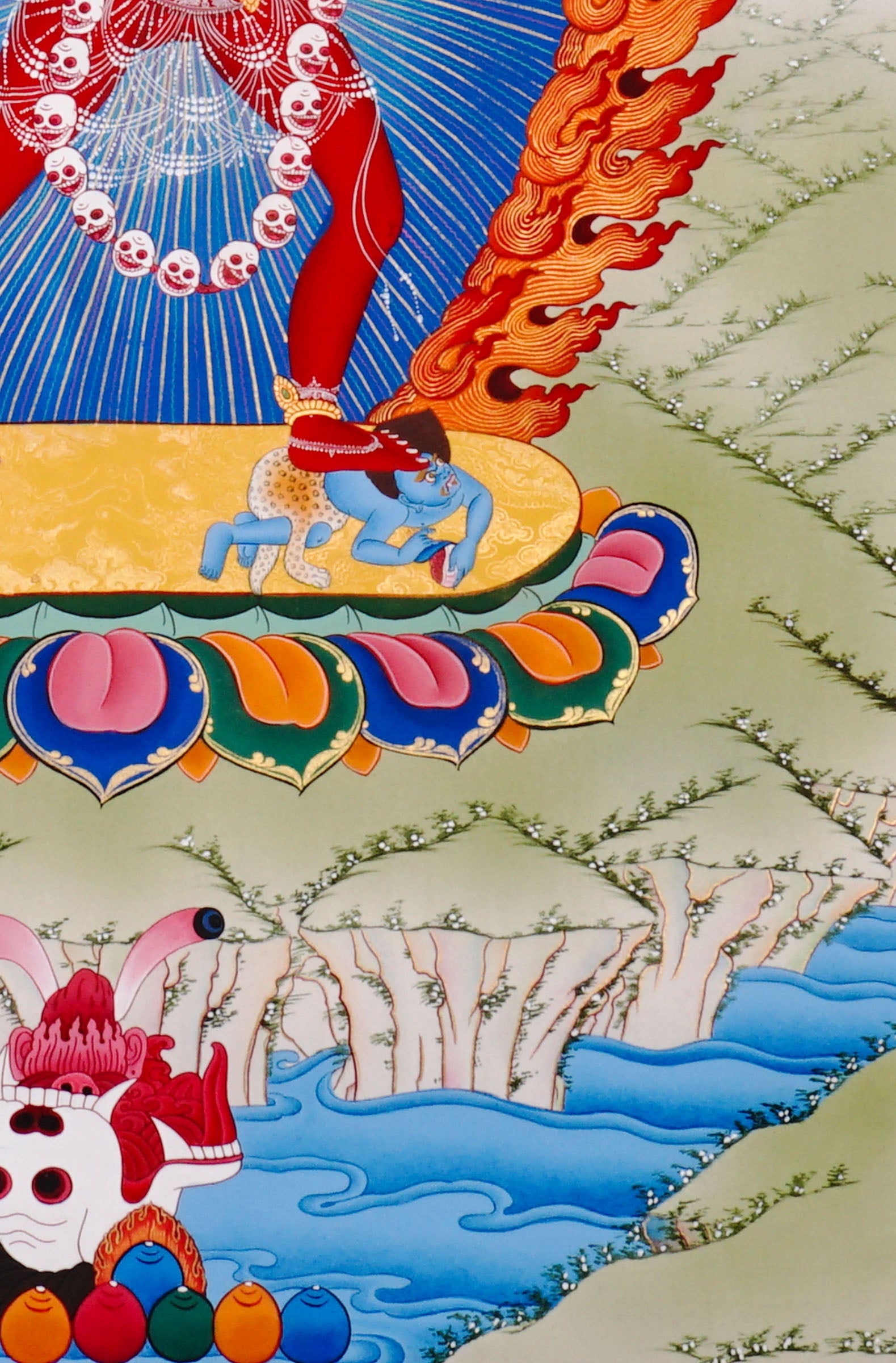Vajrayogini Thangka painting with flame halo, lotus base, skull garland, and Tibetan Buddhist tantric symbolism.