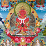Amitayus Thangka painting with long-life vase, lotus throne, surrounding Buddhas, and Tibetan Buddhist longevity symbolism.
