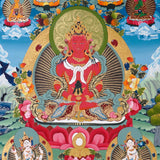 Amitayus Thangka painting with long-life vase, lotus throne, surrounding Buddhas, and Tibetan Buddhist longevity symbolism.