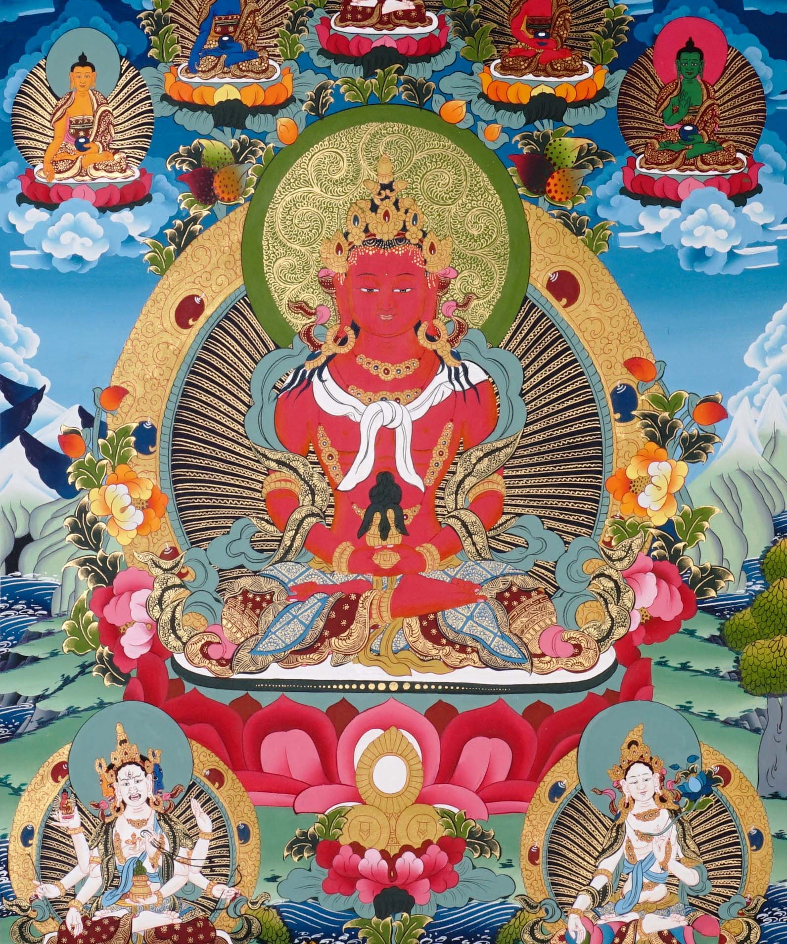 Amitayus Thangka painting with long-life vase, lotus throne, surrounding Buddhas, and Tibetan Buddhist longevity symbolism.