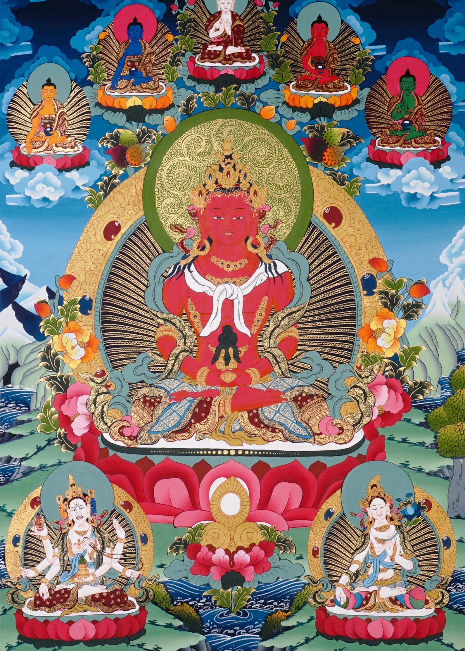 Amitayus Thangka painting with long-life vase, lotus throne, surrounding Buddhas, and Tibetan Buddhist longevity symbolism.