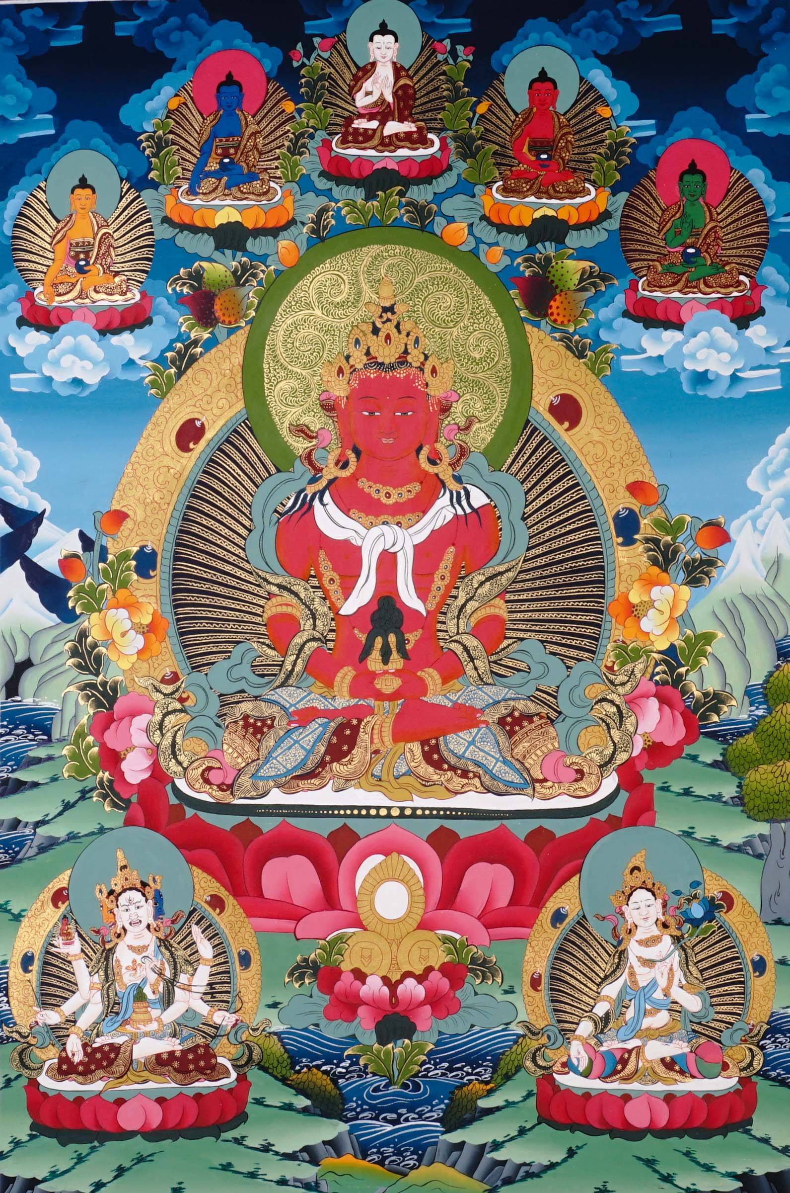 Amitayus Thangka painting with long-life vase, lotus throne, surrounding Buddhas, and Tibetan Buddhist longevity symbolism.