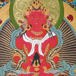 Amitayus Thangka painting with long-life vase, lotus throne, surrounding Buddhas, and Tibetan Buddhist longevity symbolism.