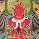 Amitayus Thangka painting with long-life vase, lotus throne, surrounding Buddhas, and Tibetan Buddhist longevity symbolism.