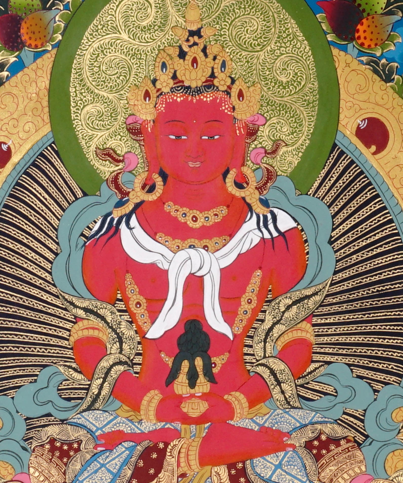 Amitayus Thangka painting with long-life vase, lotus throne, surrounding Buddhas, and Tibetan Buddhist longevity symbolism.