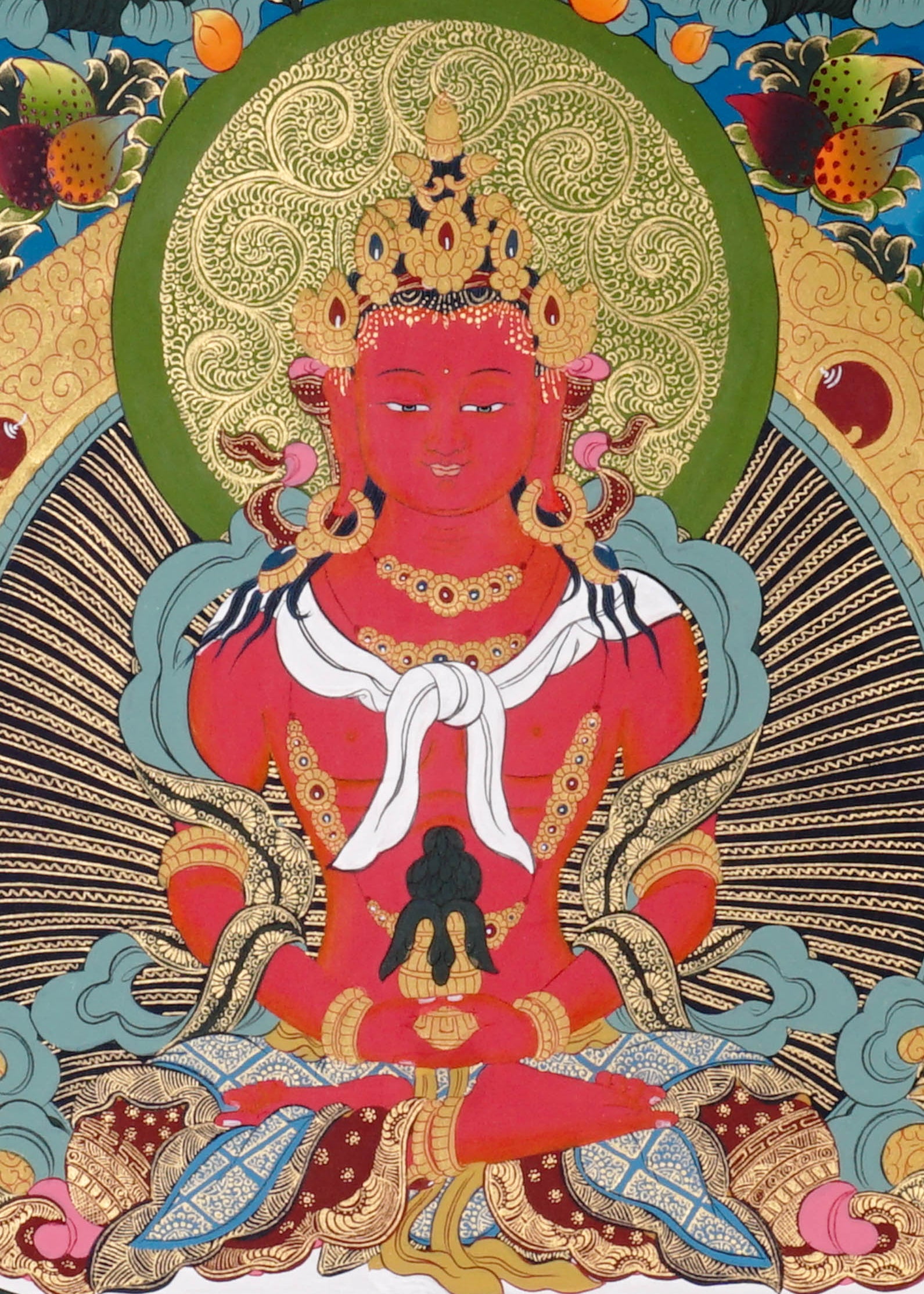 Amitayus Thangka painting with long-life vase, lotus throne, surrounding Buddhas, and Tibetan Buddhist longevity symbolism.