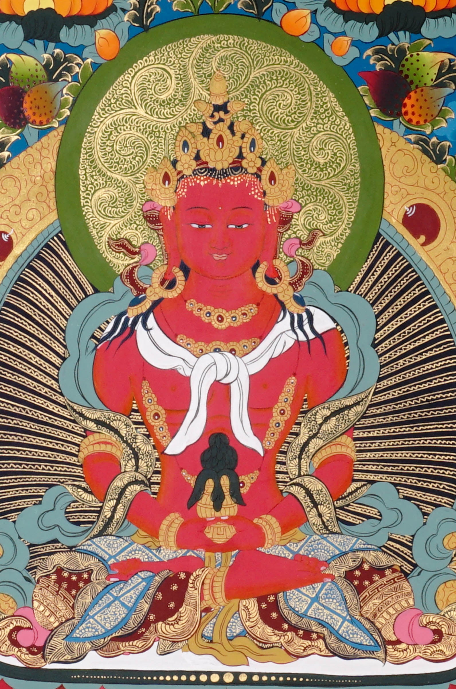 Amitayus Thangka painting with long-life vase, lotus throne, surrounding Buddhas, and Tibetan Buddhist longevity symbolism.
