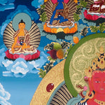 Amitayus Thangka painting with long-life vase, lotus throne, surrounding Buddhas, and Tibetan Buddhist longevity symbolism.