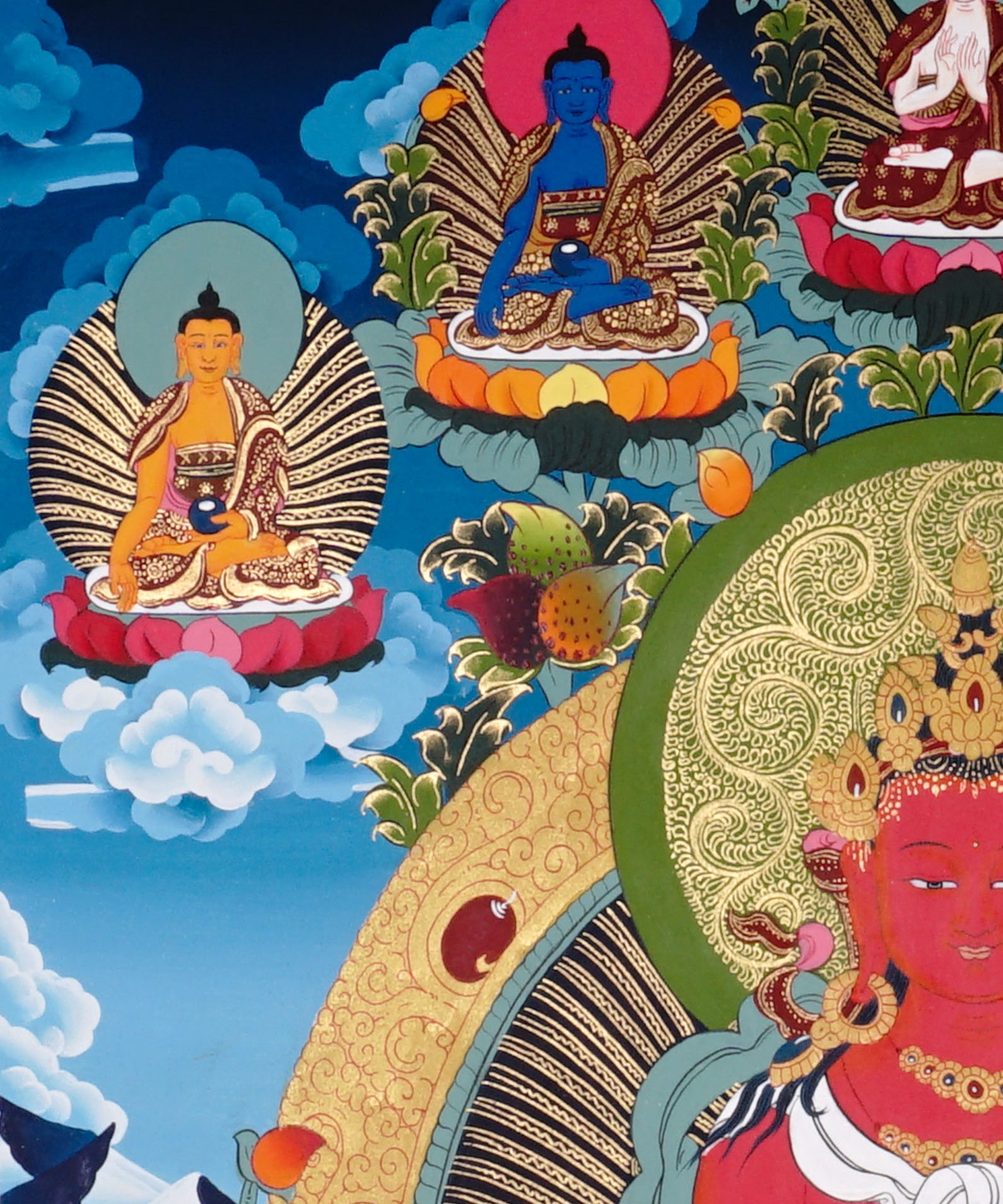 Amitayus Thangka painting with long-life vase, lotus throne, surrounding Buddhas, and Tibetan Buddhist longevity symbolism.