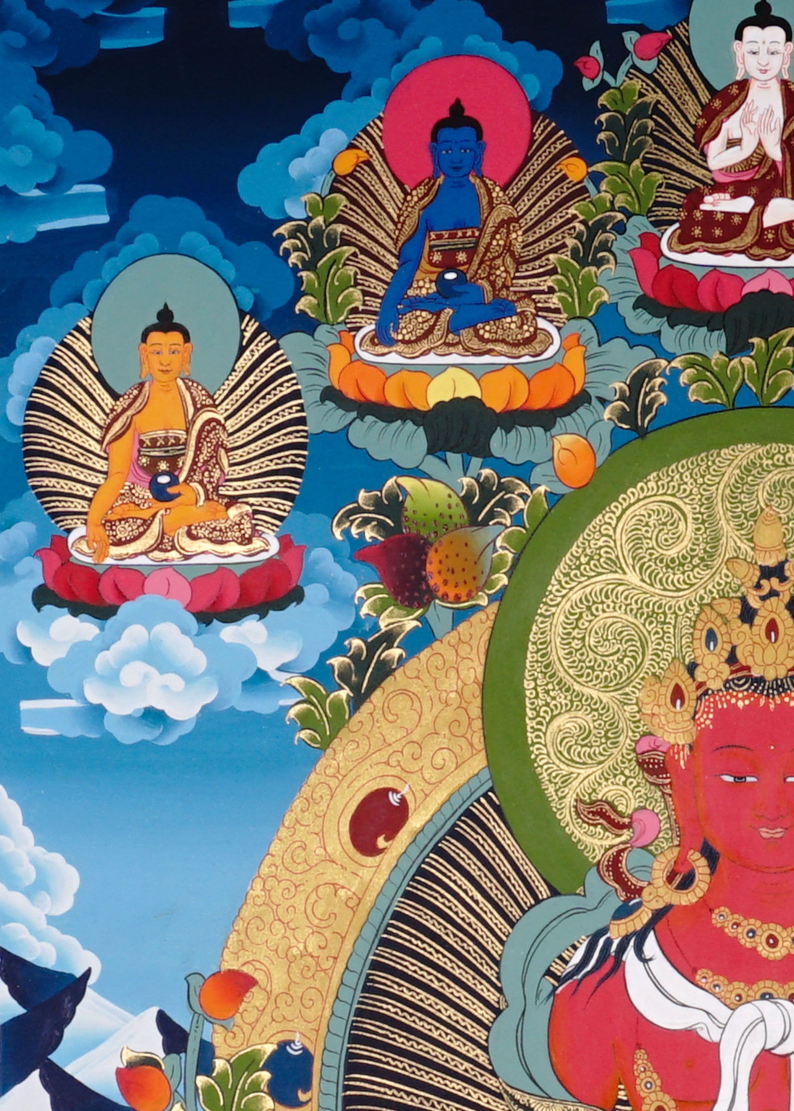 Amitayus Thangka painting with long-life vase, lotus throne, surrounding Buddhas, and Tibetan Buddhist longevity symbolism.