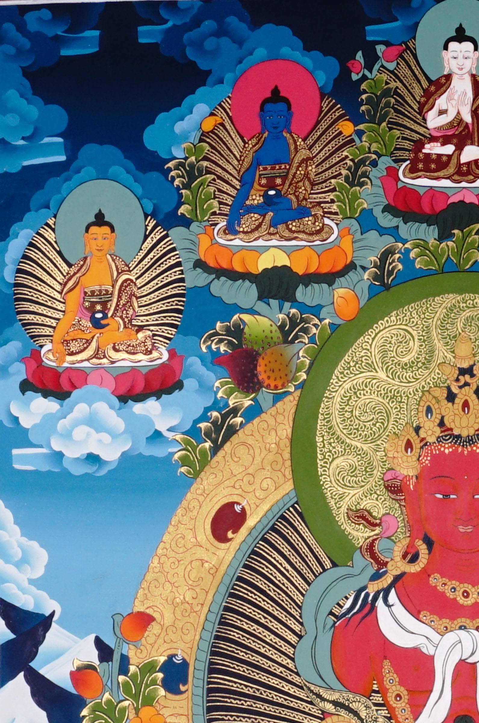 Amitayus Thangka painting with long-life vase, lotus throne, surrounding Buddhas, and Tibetan Buddhist longevity symbolism.
